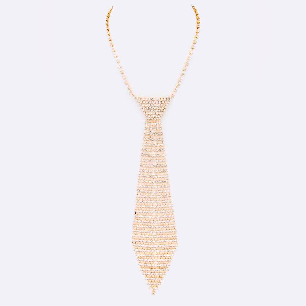 Rhinestone Neck Tie Statement Necklace - Gold or Silver